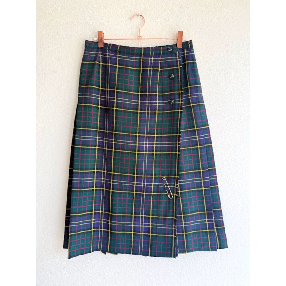 Vintage 70s Aljean of Canada Virgin Wool Blue Green Plaid Pleated Kilt Skirt 28"